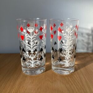 Pair of Vintage Federal Glass Merry Maker Drinking Glasses Playing Card Pattern